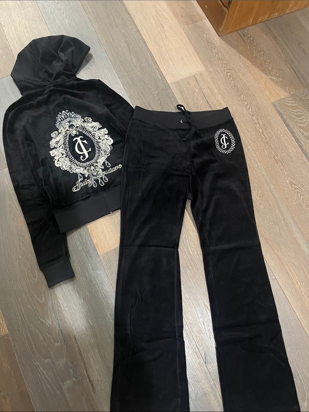Juicy Couture Black Velour Hoodie & Flared Pants Set with Crest